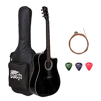 Intern Made in India Acoustic Guitar package.104.14 cm (41 inches) Cutaway Guitar with Truss Rod. Durable and long lasting with Carry bag, strings, picks and allen key, black (INT-IN41C-BK)